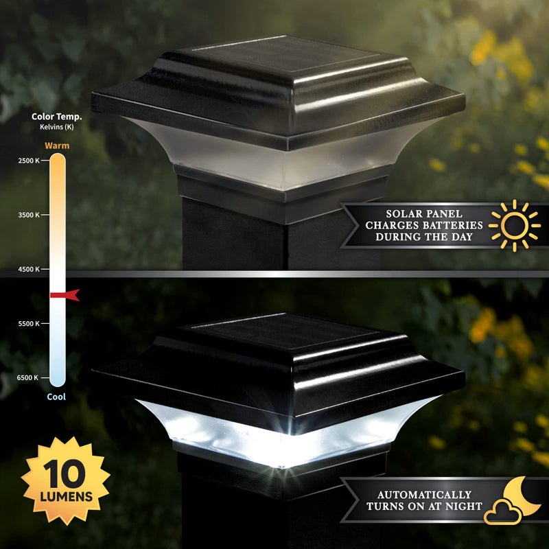 Classy Caps Imperial Solar Post Cap - Black SLO82B â€“ Fits 2"x2", 2.25"x2.25", and 2.5"x2.5" Post Sizes, High-Performance Solar LED, Durable Cast Aluminum Construction, Warm & Cool Light Modes - Image 4